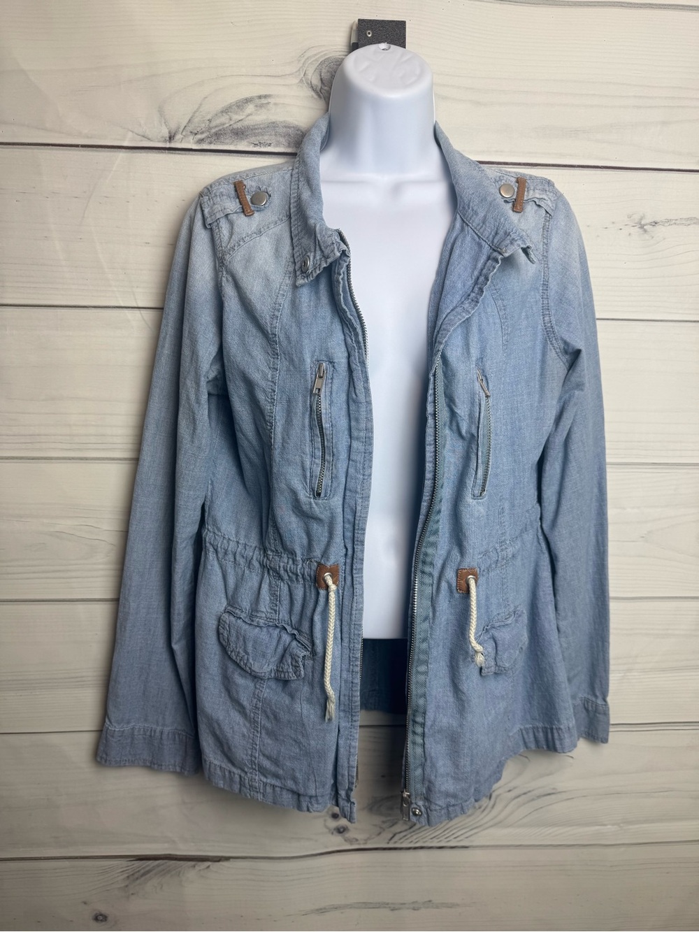 Full Tilt Light Blue Utility Jacket with Rope-Tie Waist
